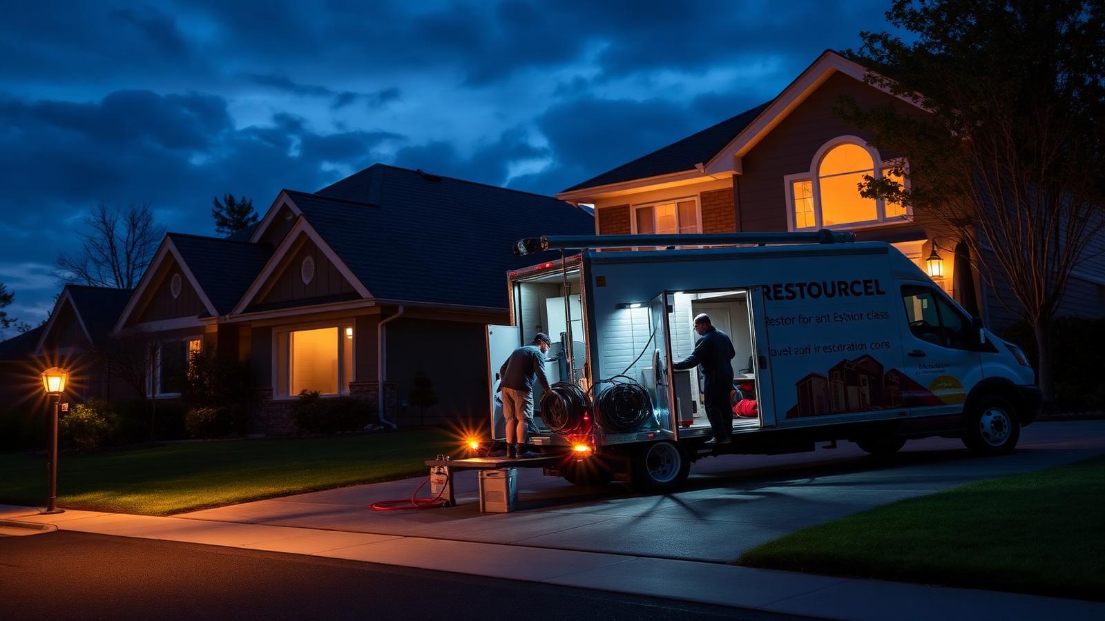 Spartan Home Services crew unloading drying equipment at a home in the evening