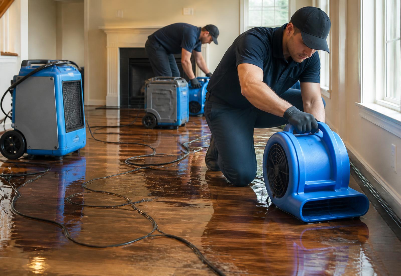 Spartan Home Services technicians placing air movers and dehumidifiers to dry a flooded home