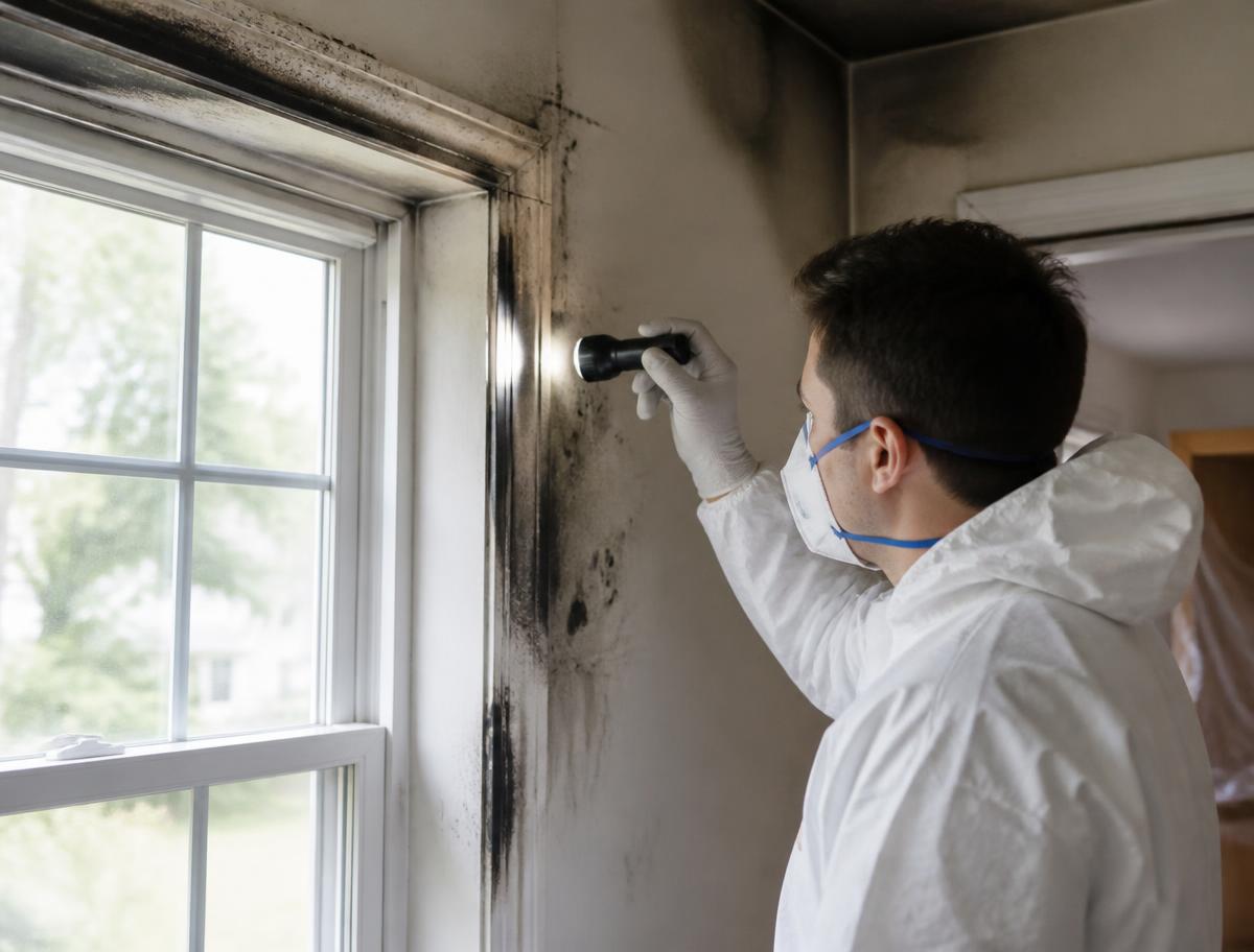 Worker in protective gear cleaning soot from a fire damaged interior wall