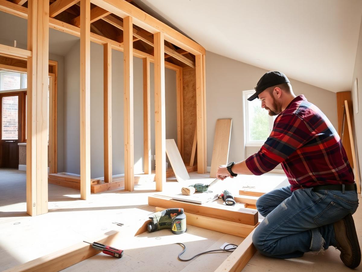 Carpenter framing and rebuilding an interior wall after restoration