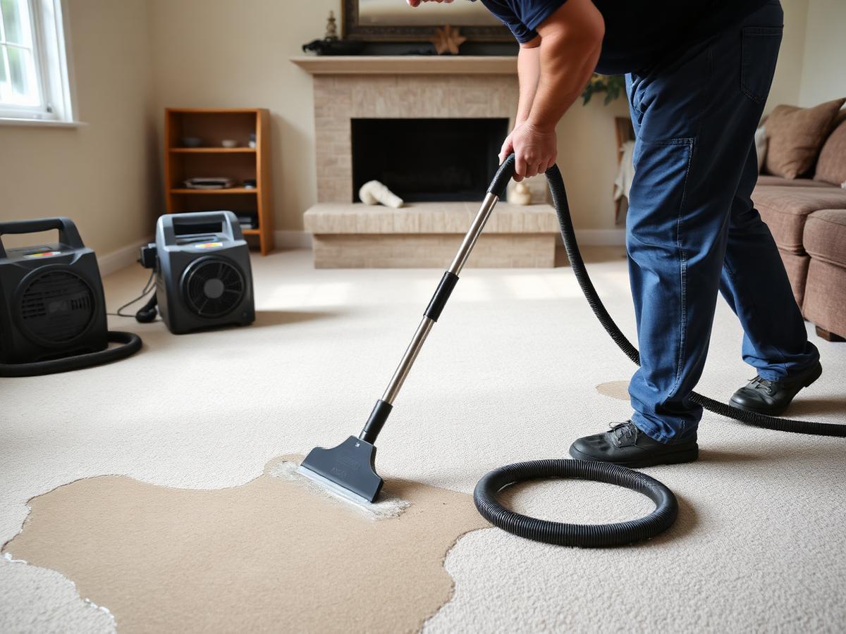 Technician extracting water from soaked carpet with air movers running nearby